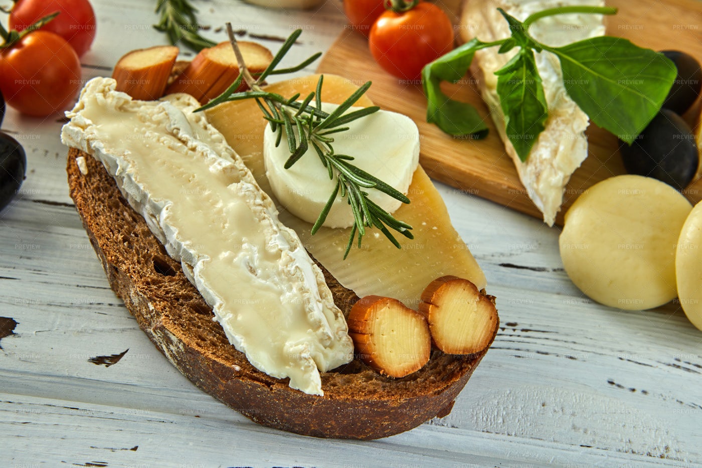 Cheese Assortment On Rye Bread: Stock Photos