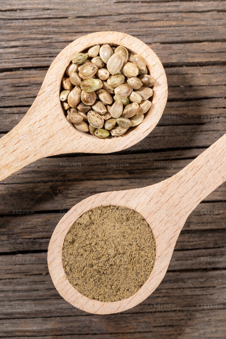 Spoonfuls Of Hemp Seeds: Stock Photos