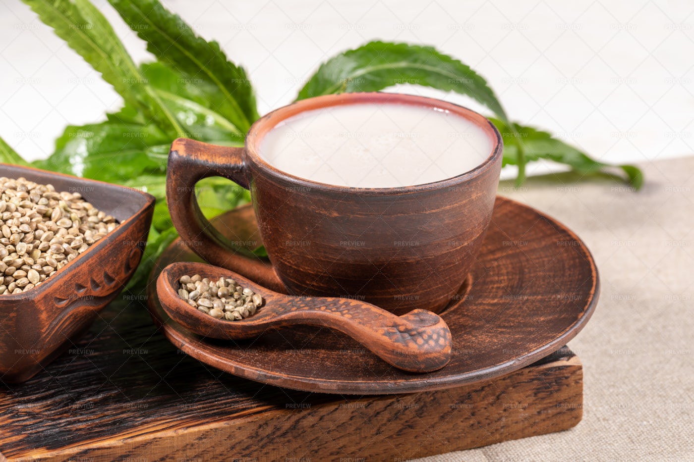 Hemp Milk In A Ceramic Cup: Stock Photos