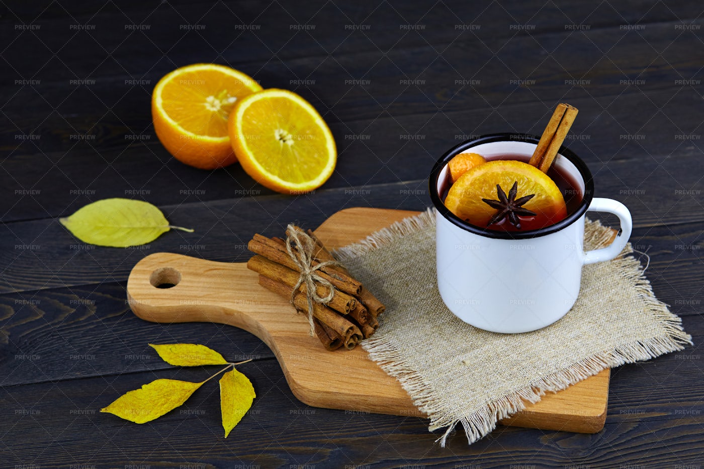 Mulled Wine On Cutting Board Background: Stock Photos