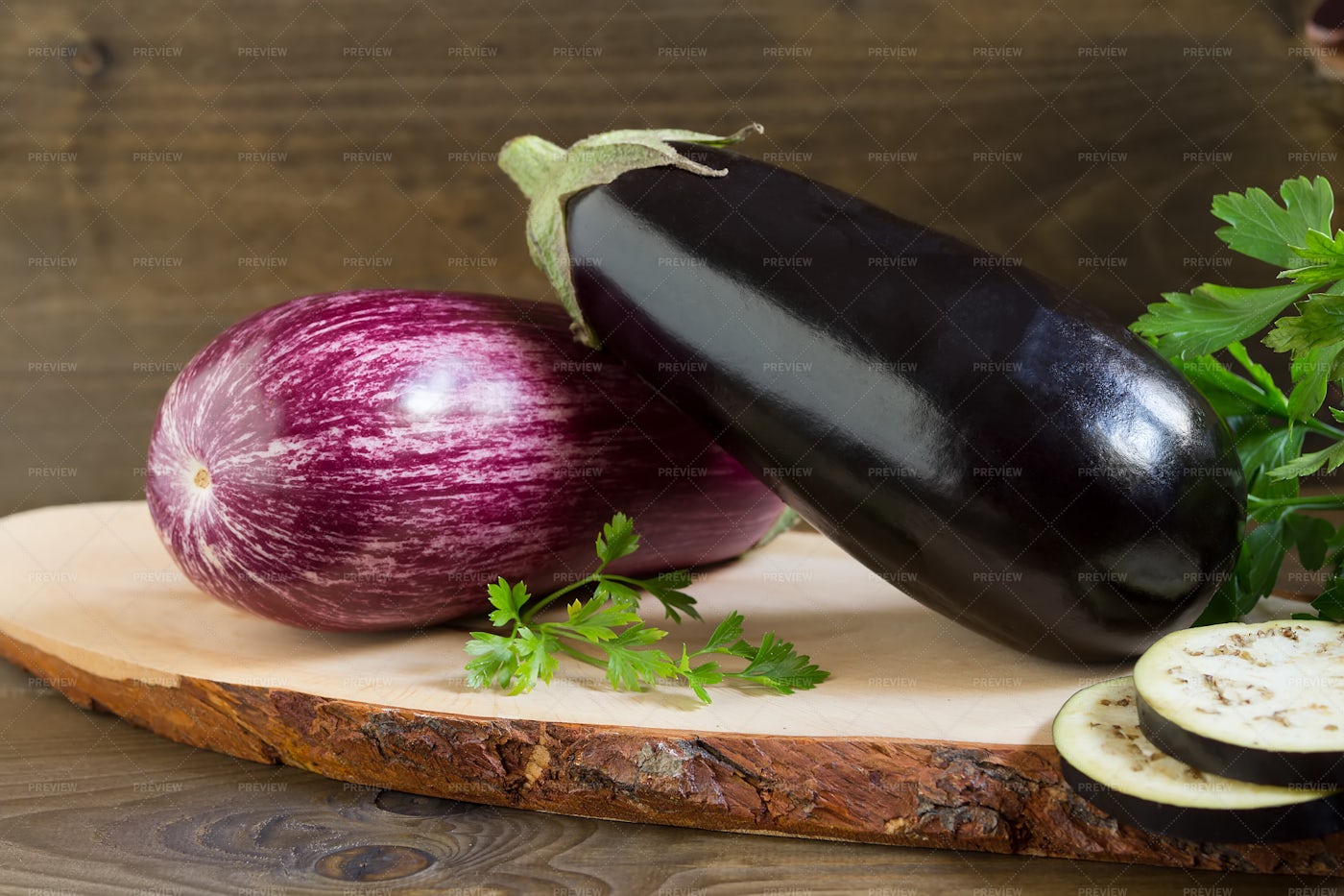 Eggplants On Wood Cutting Board: Stock Photos