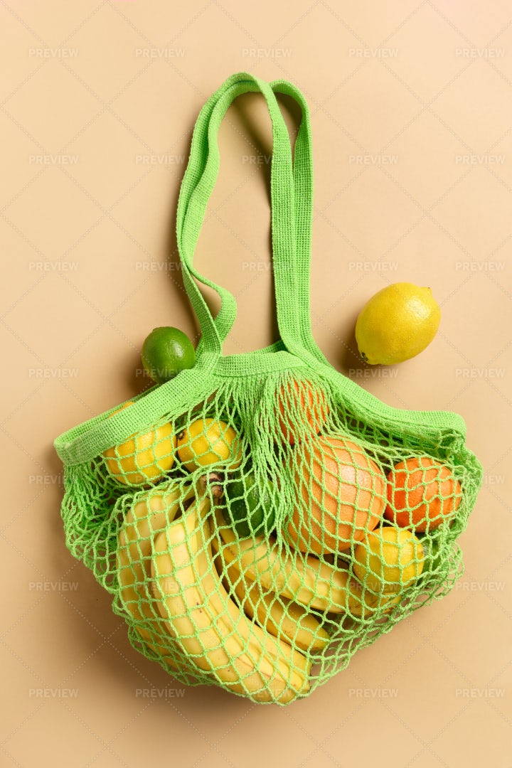 Green Bag And Fruits: Stock Photos