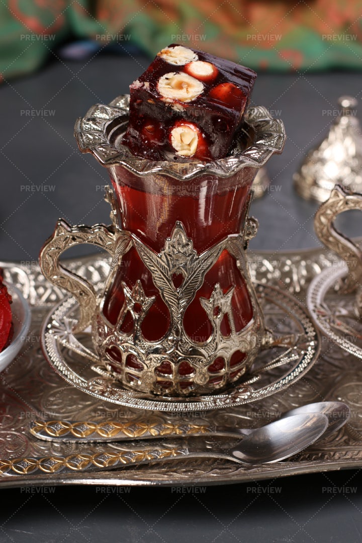 Pomegranate Tea And Turkish Delight: Stock Photos