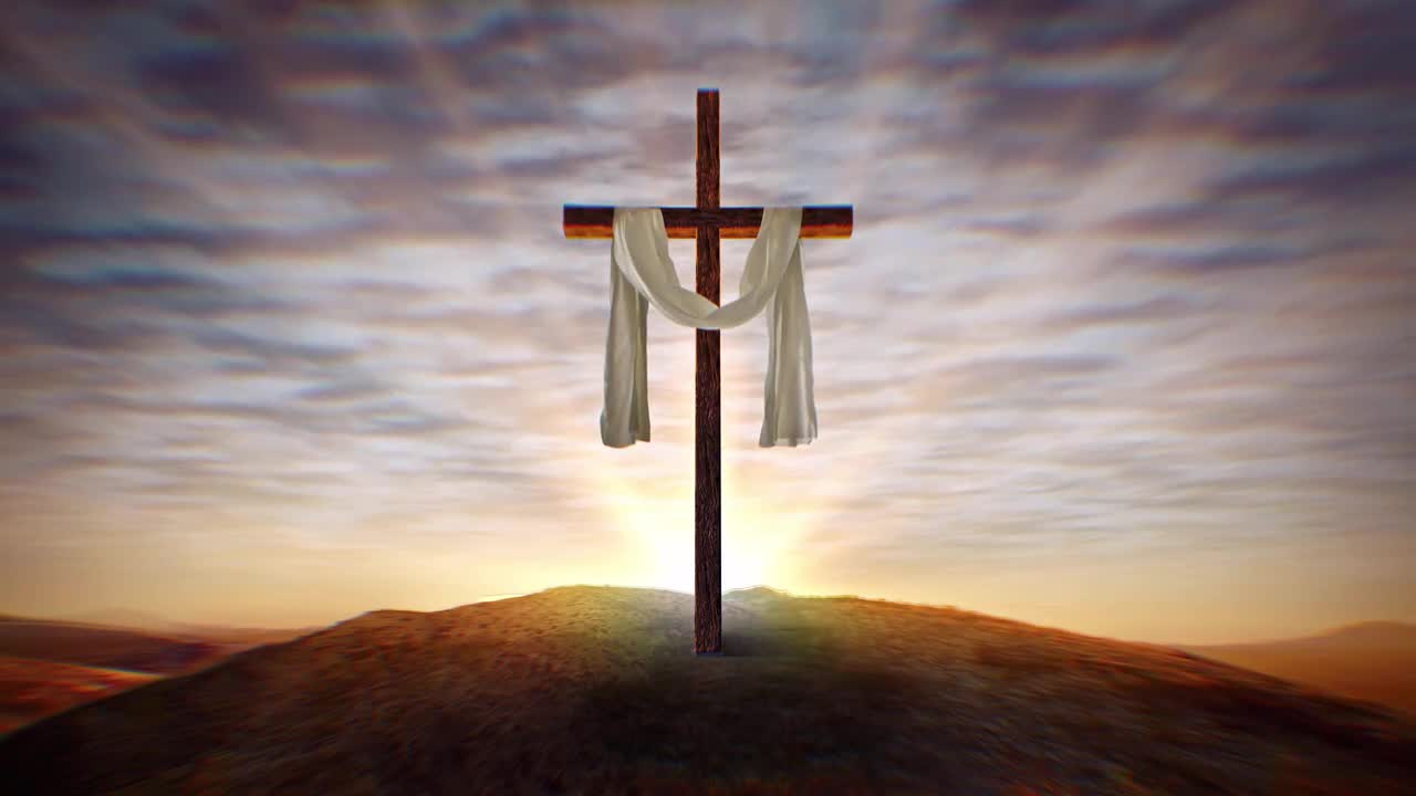 Christian Cross with Waving White Cloth at Sunset, Center Stock