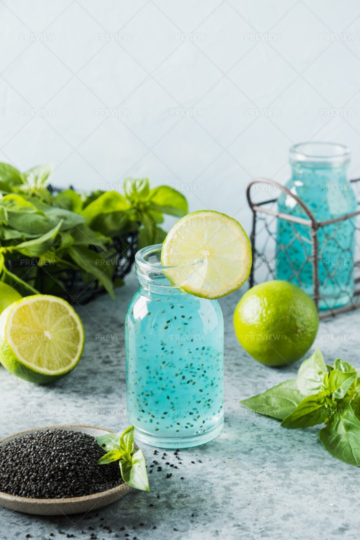 Blue Cocktail With Basil Seeds: Stock Photos