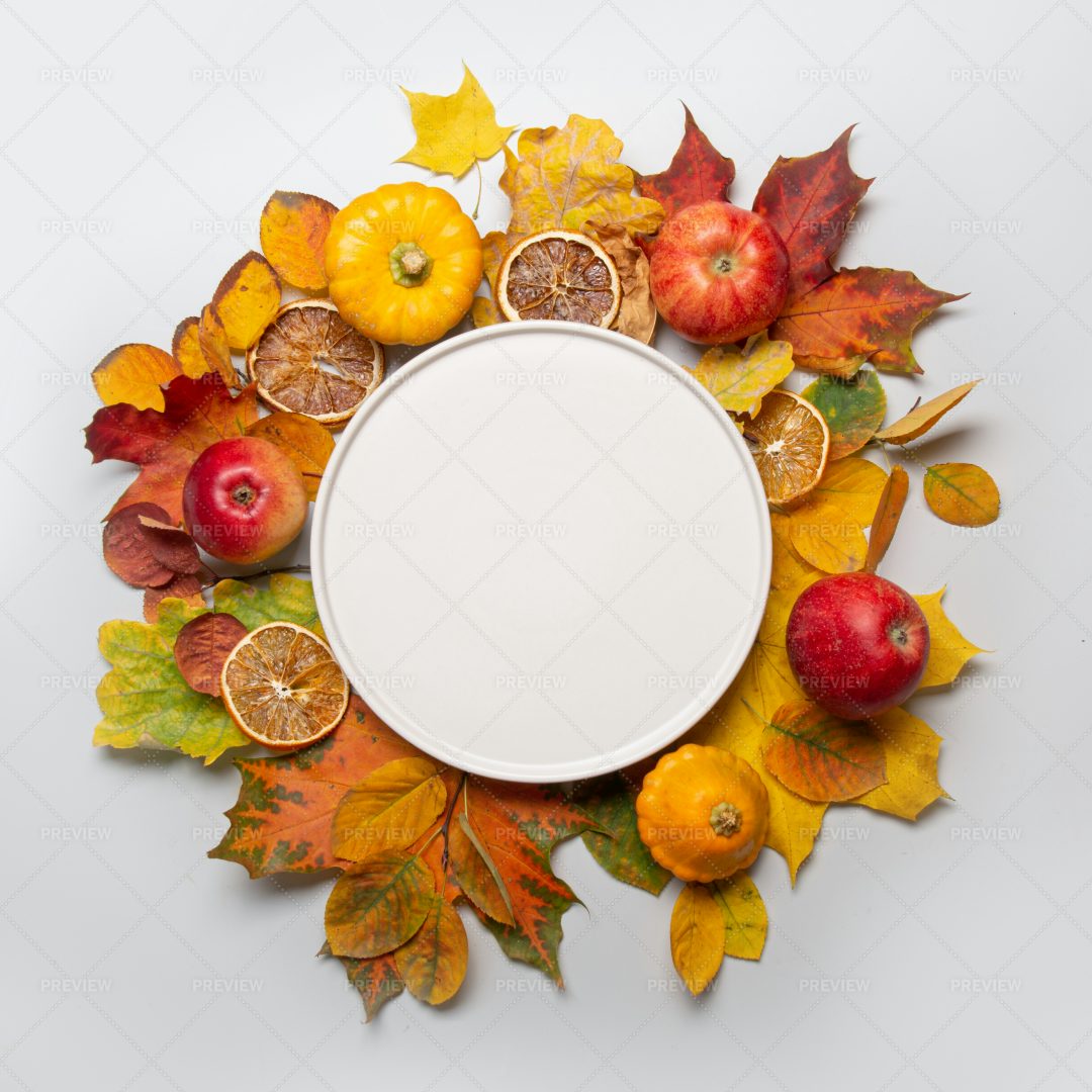 Frame Of Apples And Colorful Leaves: Stock Photos
