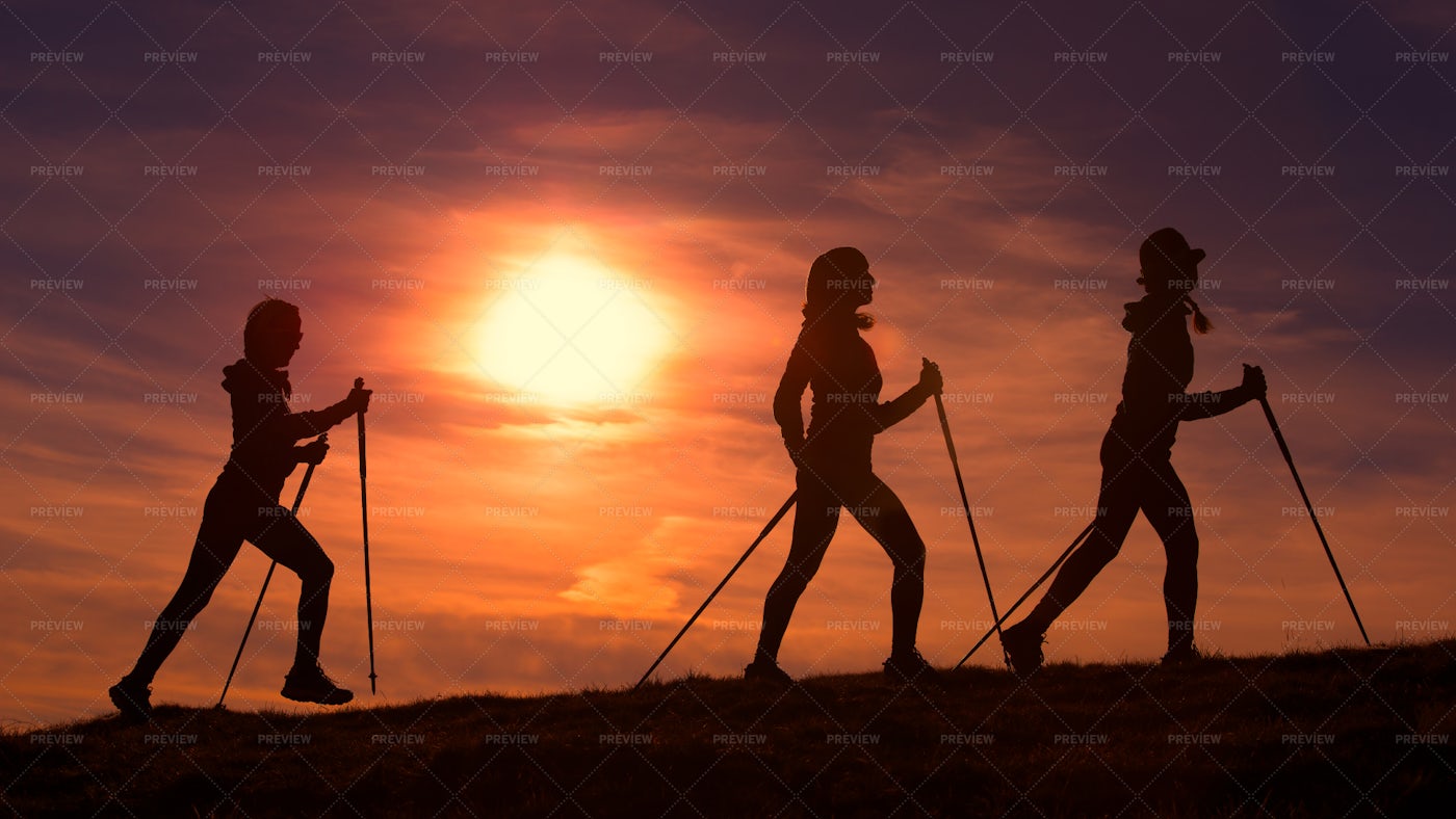 Women Do Nordic Walking: Stock Photos
