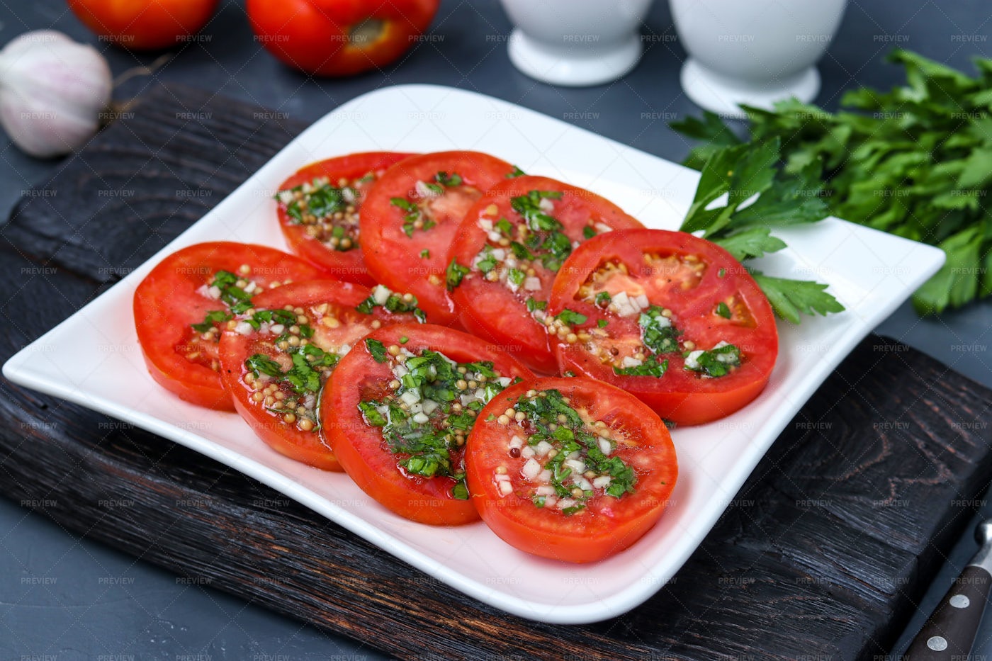 Sliced Tomatoes With Garlic: Stock Photos