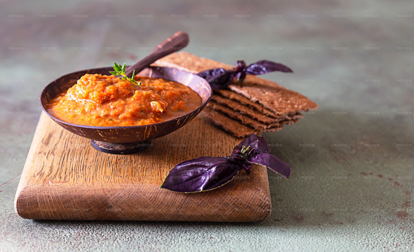 Crackers And Eggplant Caviar Background: Stock Photos