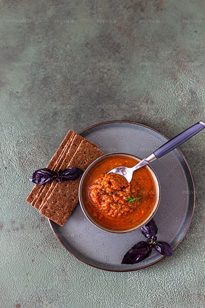 Homemade Vegetable Sauce And Crackers: Stock Photos