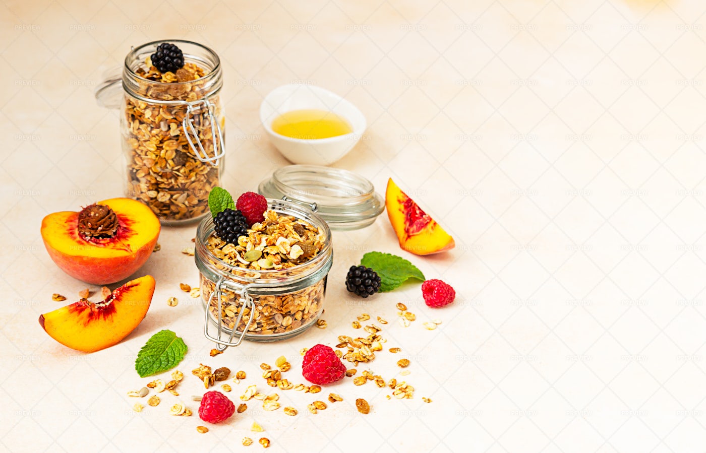 Homemade Granola In Jars Background: Stock Photos