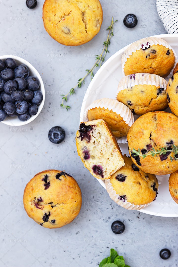 Banana Blueberry Muffins Top View: Stock Photos