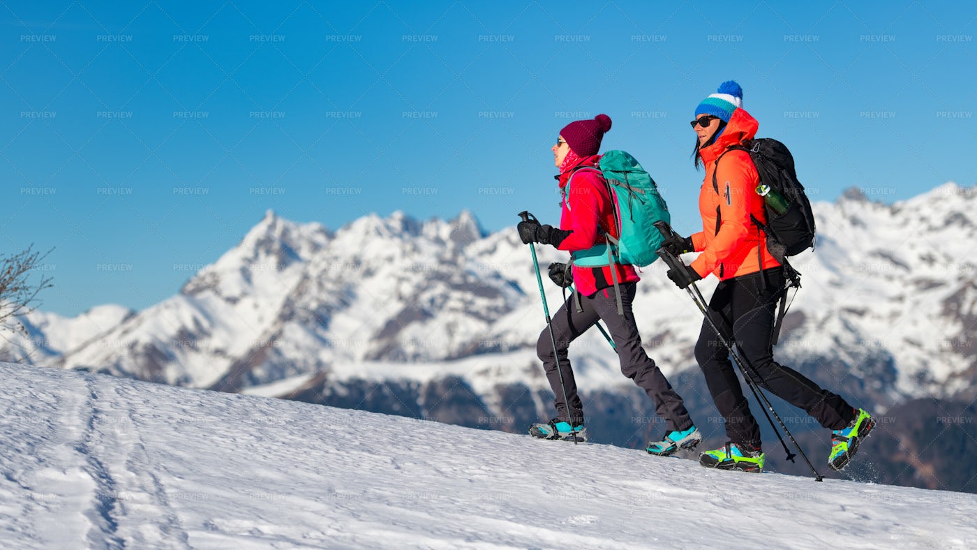 Women Hiking With Crampons: Stock Photos