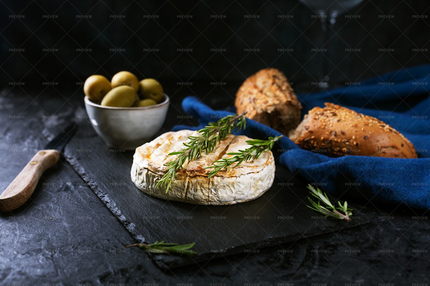 Camembert Cheese With Olives: Stock Photos