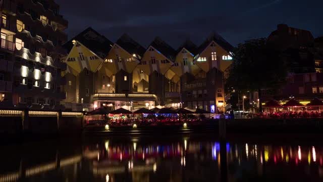 Central Rotterdam Cube Houses at Night: Stock Video
