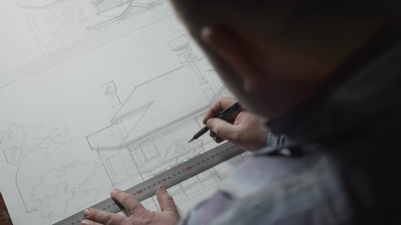 man-draws-a-house-plan-stock-video-motion-array