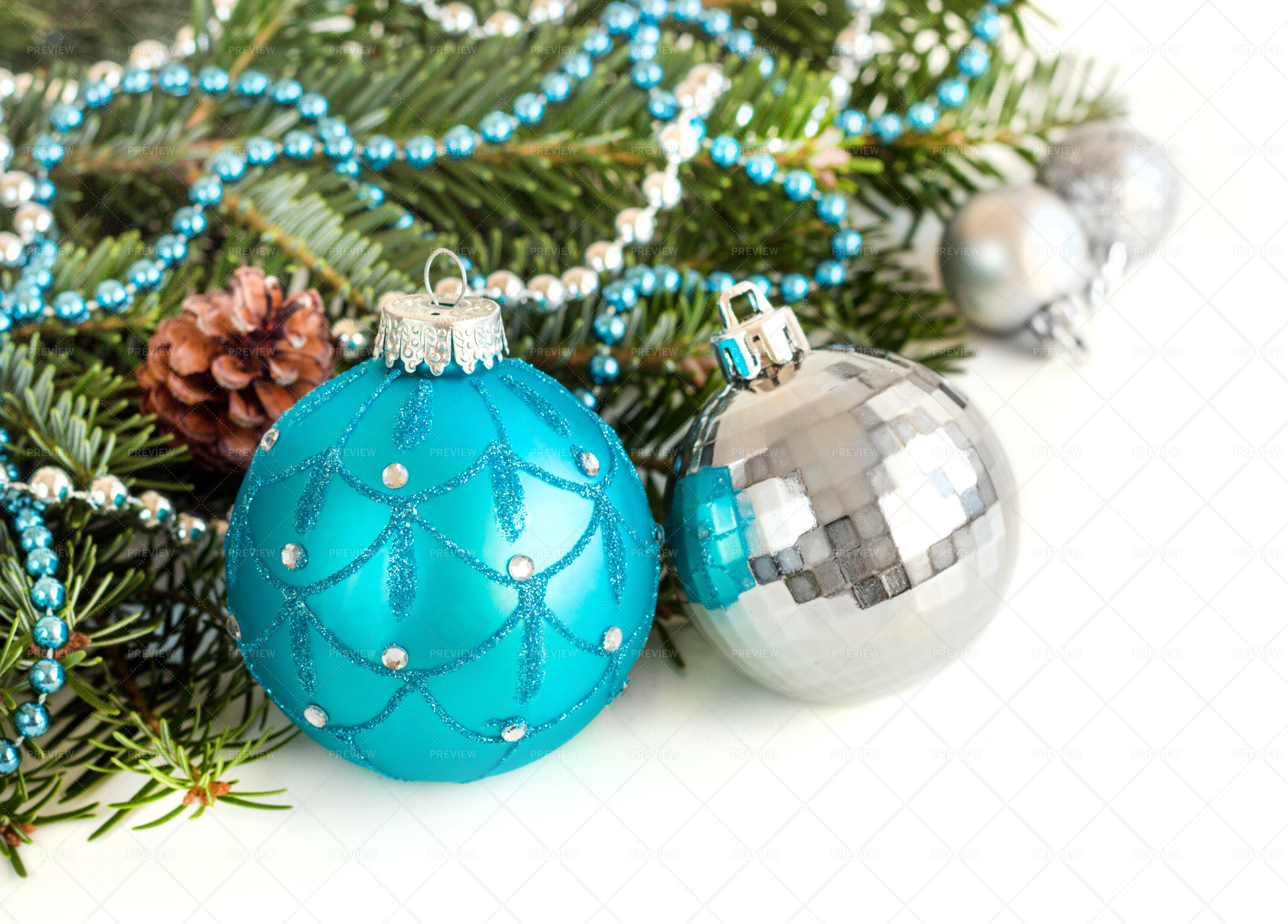 Merry Christmas Background Silver Blue Turquoise Baubles Fir Branches Pine  Stock Photo by ©MarinaMos 491830340