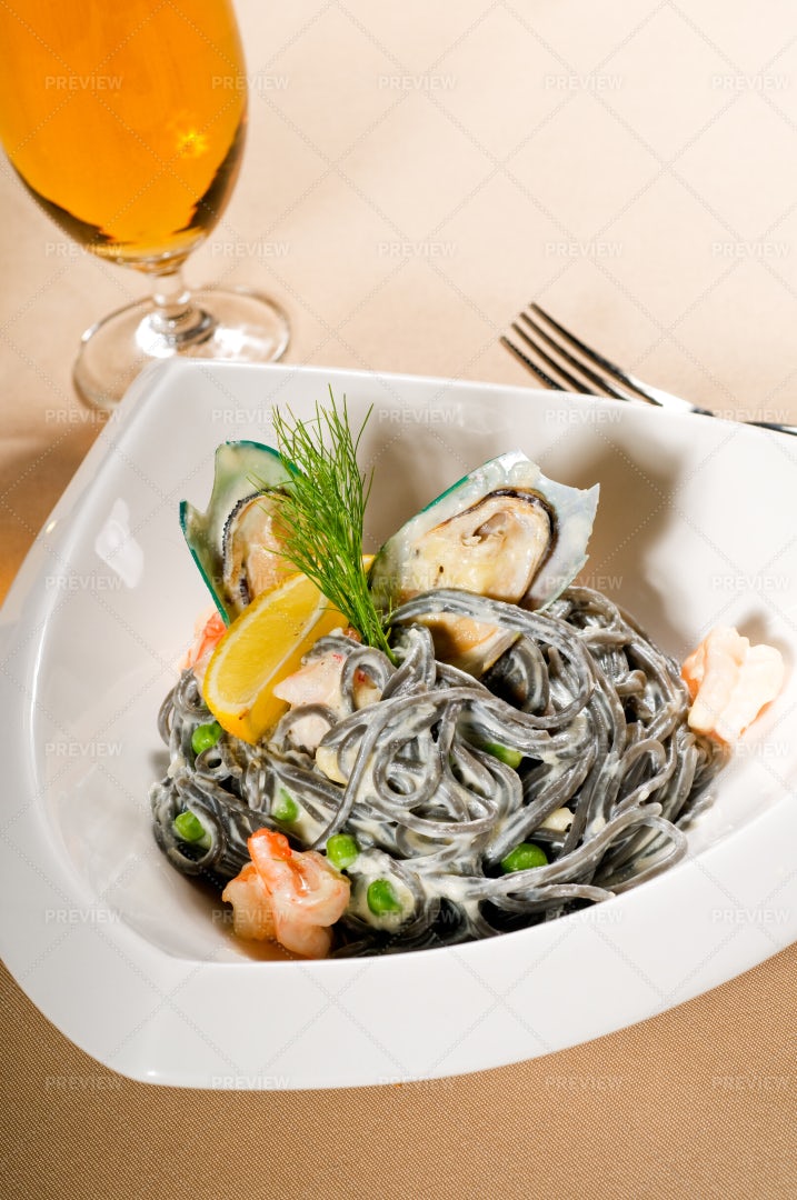 Seafood And Black Spaghetti: Stock Photos