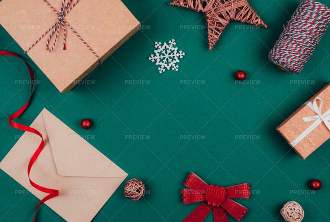 Merry Christmas! Aesthetic winter holidays, festive banner. Stylish  christmas gifts flat lay Stock Photo by Sonyachny