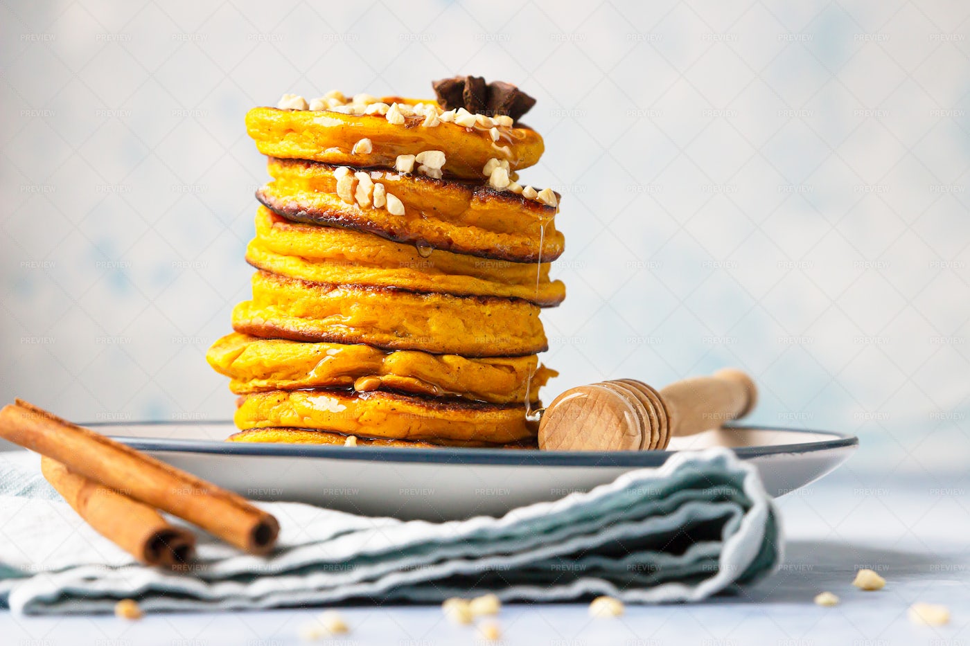 Delicious Pumpkin Fluffy Pancakes: Stock Photos