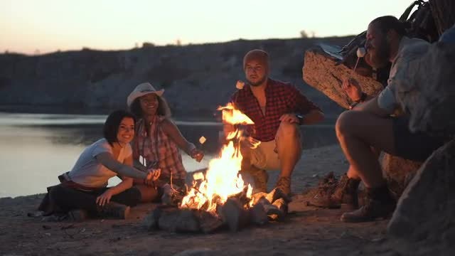 Friends Around Campfire With Marshmallows: Stock Video