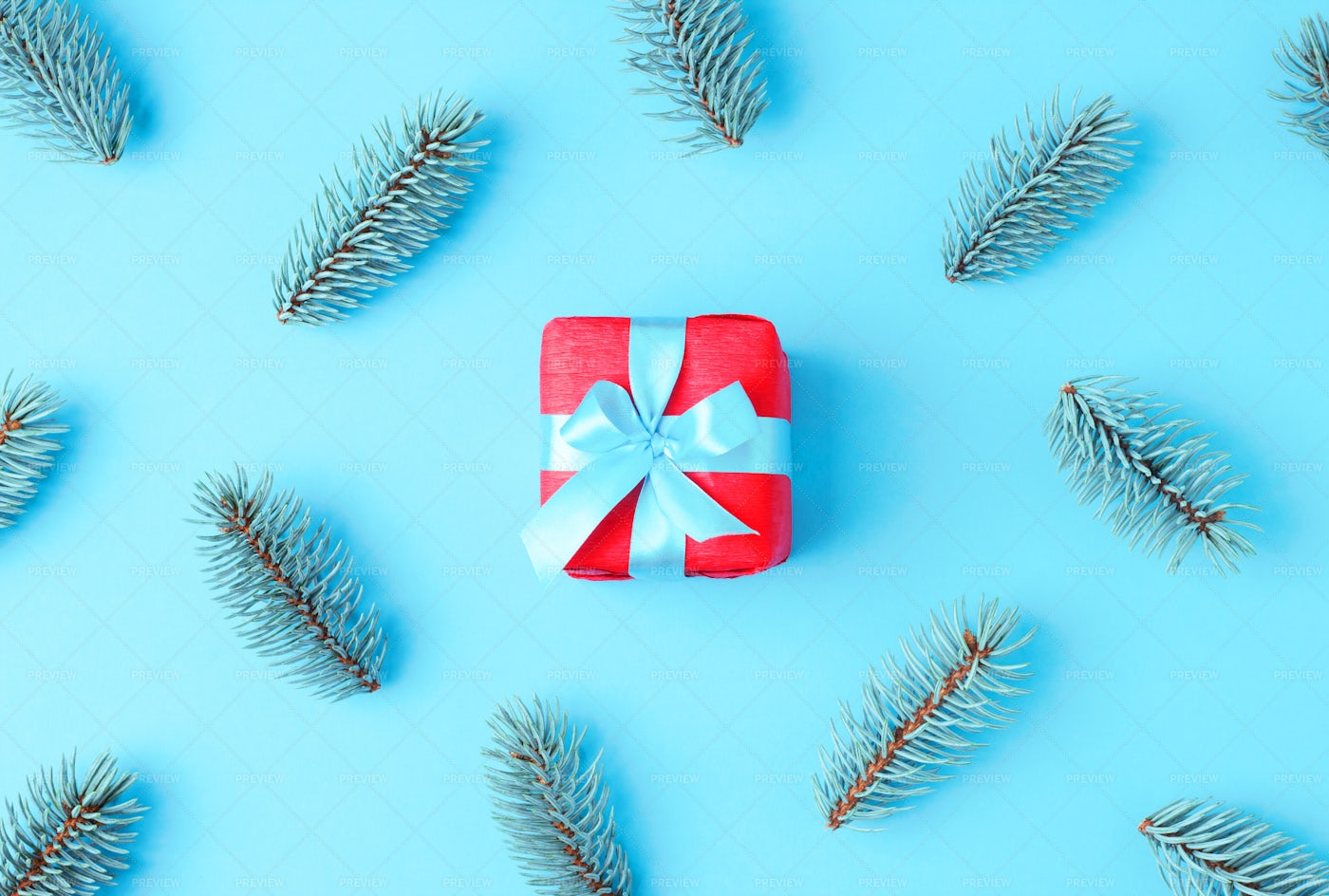 Red Gift On Blue: Stock Photos