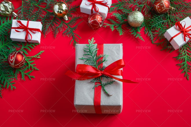 Merry Christmas! Aesthetic winter holidays, festive banner. Stylish  christmas gifts flat lay Stock Photo by Sonyachny