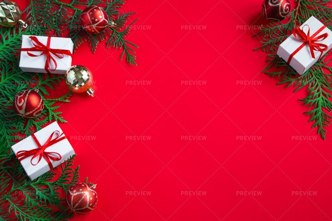 Merry Christmas! Aesthetic winter holidays, festive banner. Stylish  christmas gifts flat lay Stock Photo by Sonyachny