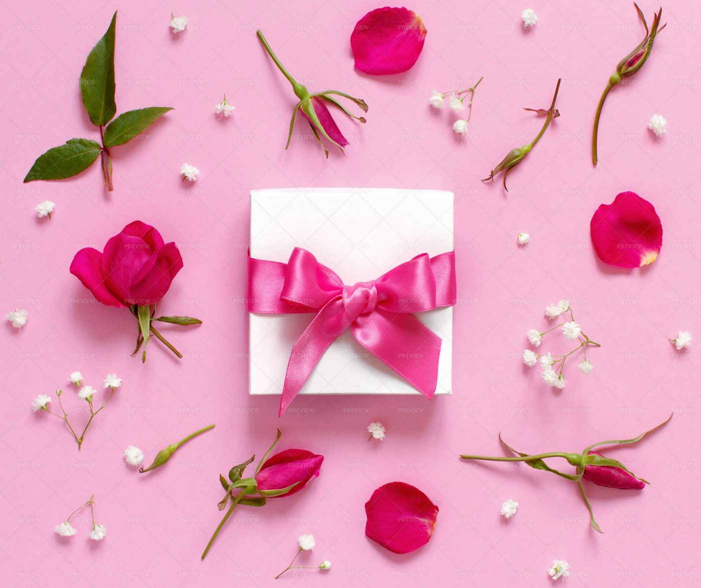 White Gift Box And Flowers: Stock Photos