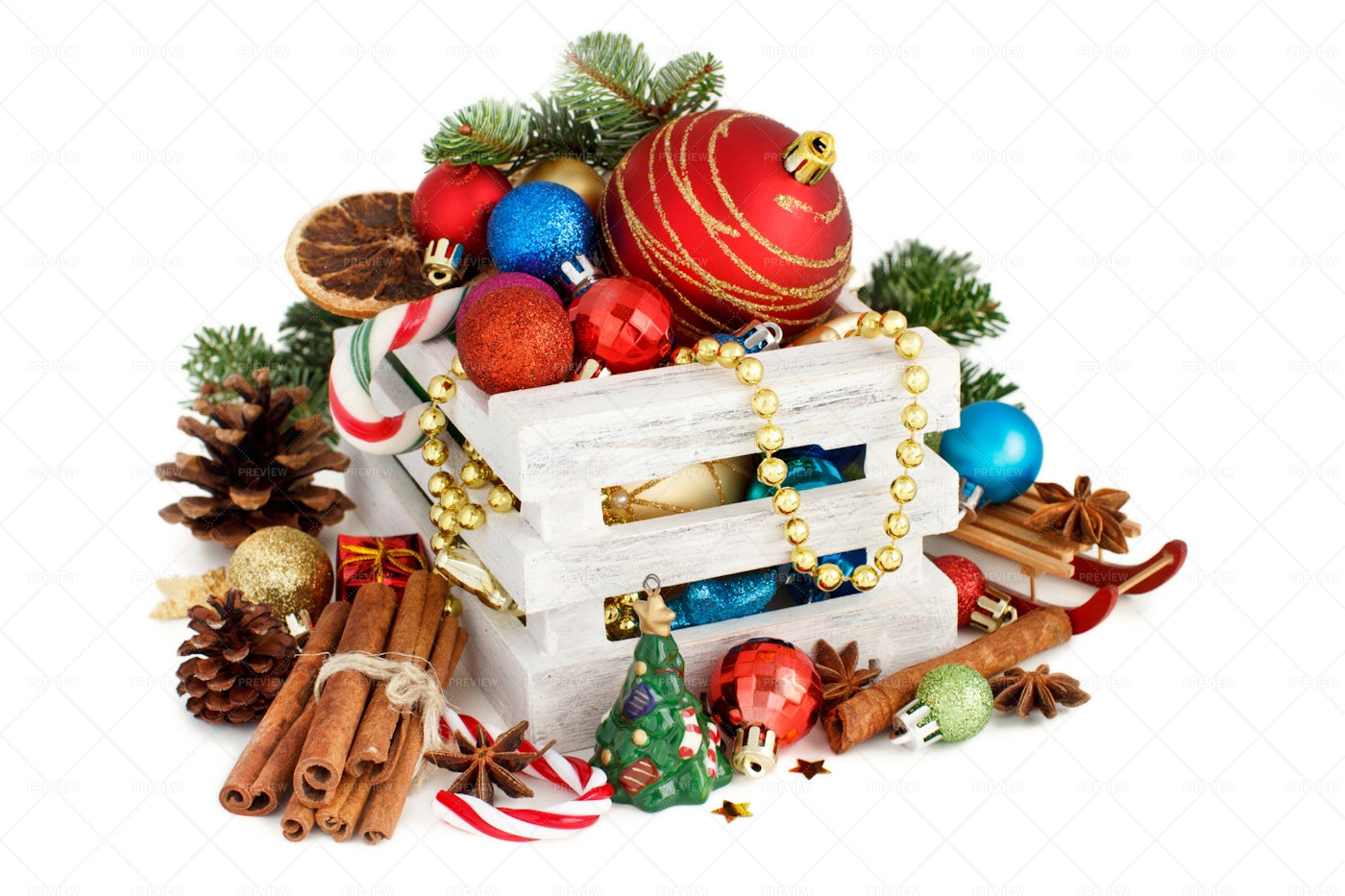 Christmas Composition In Box: Stock Photos