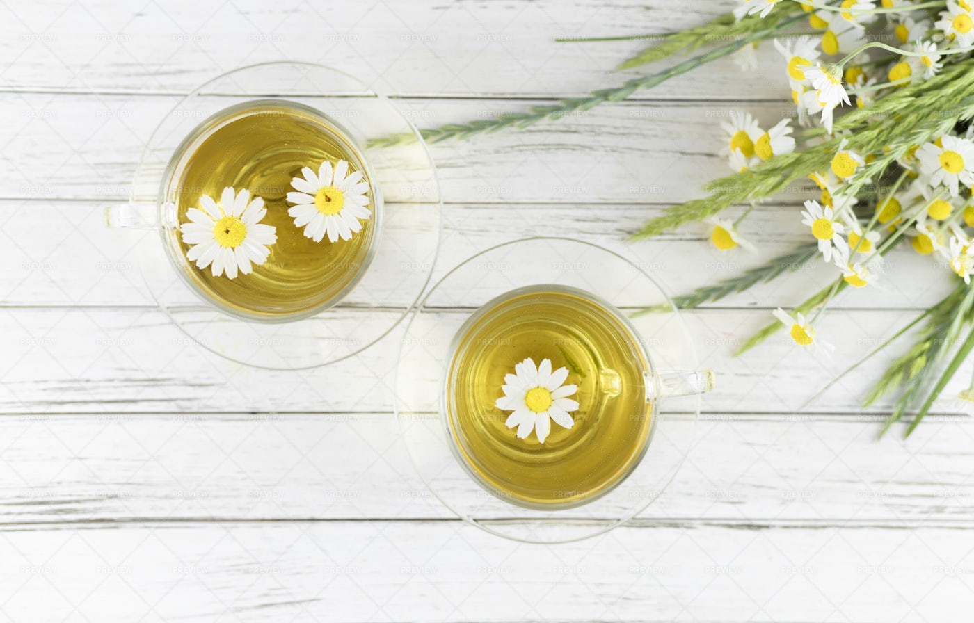 Glass Cups Of Chamomile Tea: Stock Photos
