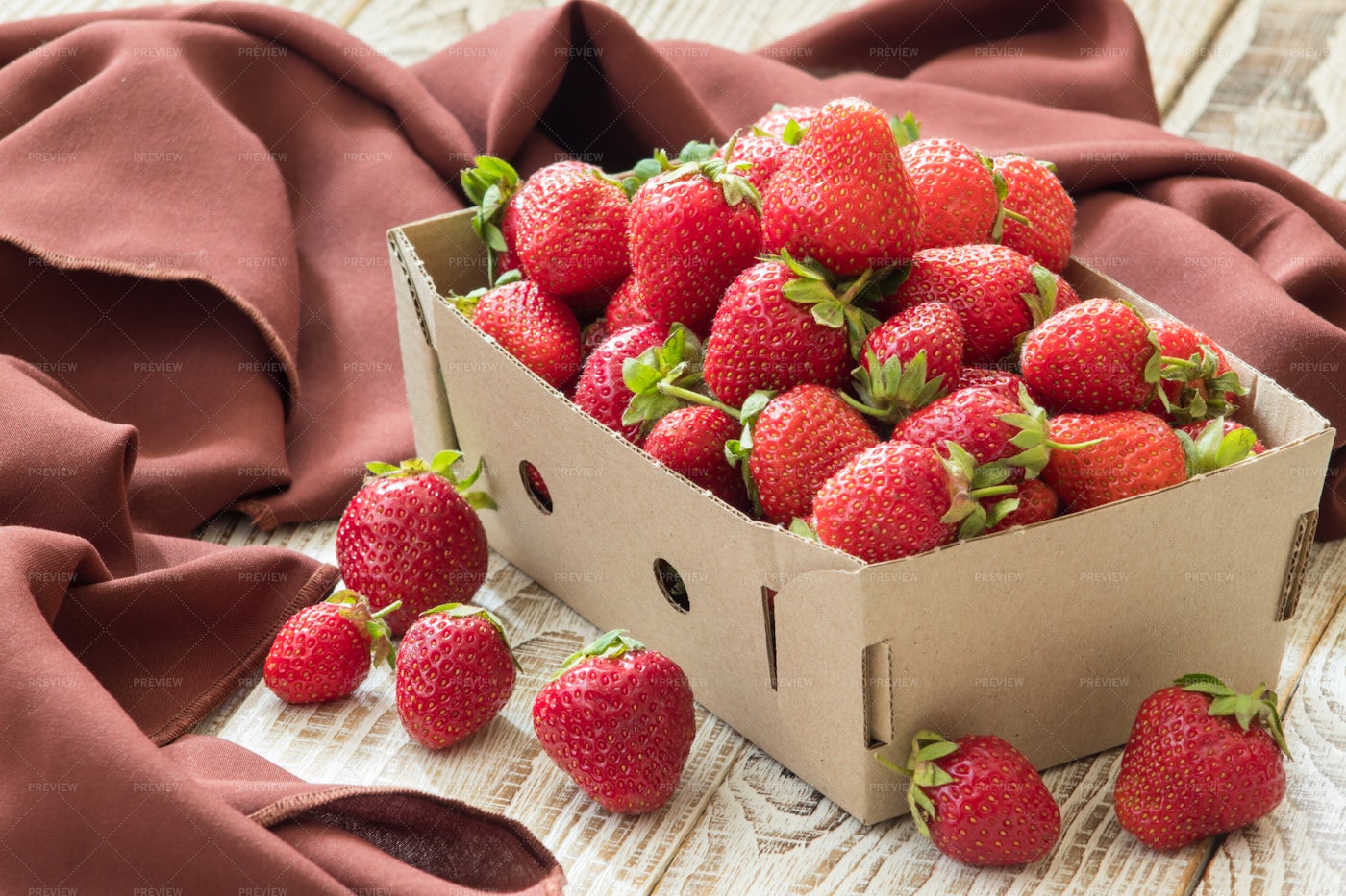 Strawberries In Cardboard Box: Stock Photos