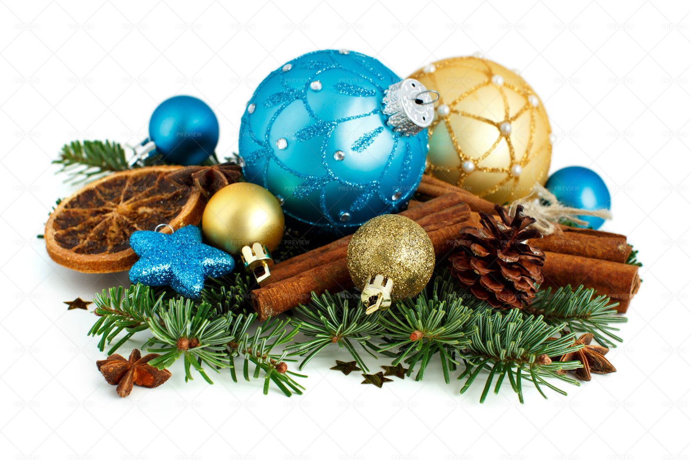 Turquoise And Golden Christmas Ornaments: Stock Photos