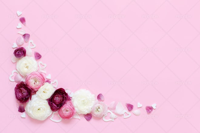 Bouquet of small white flowers and wooden hearts Stock Photo by katrinshine