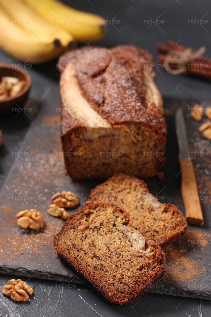 Homemade Banana Bread With Walnut: Stock Photos