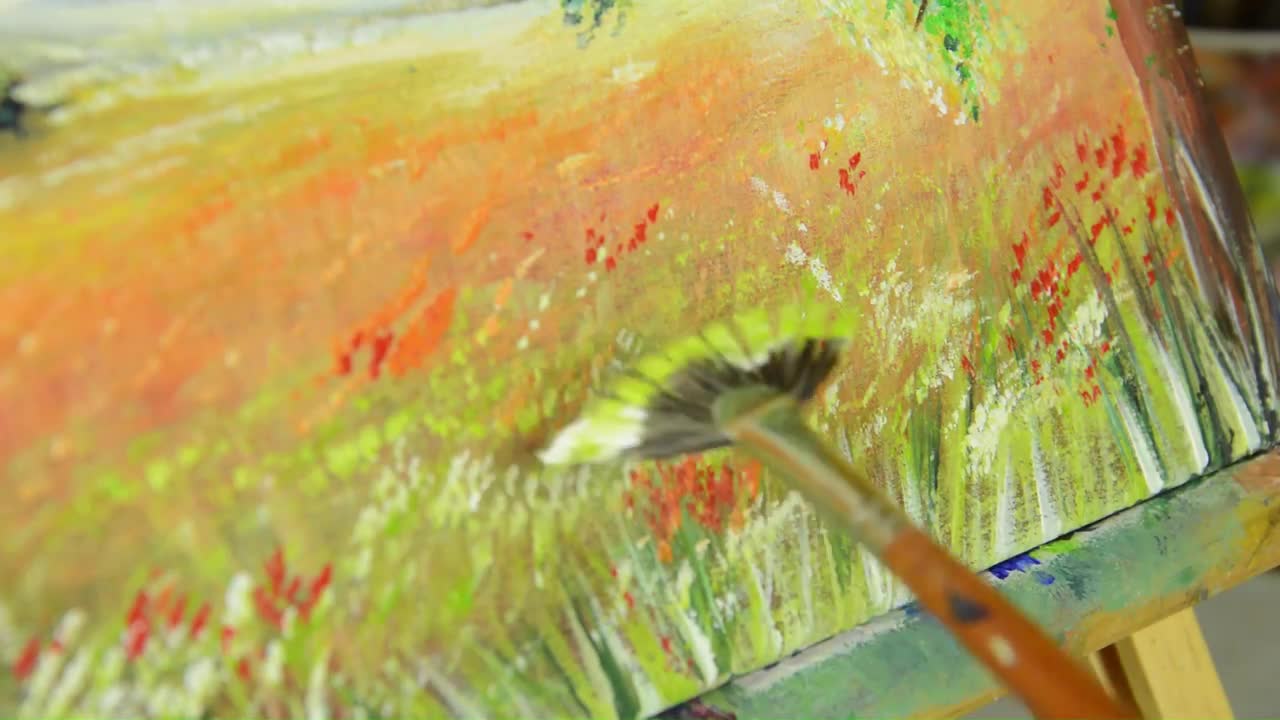 Paintbrush On Canvas CloseUp Stock Video Motion Array