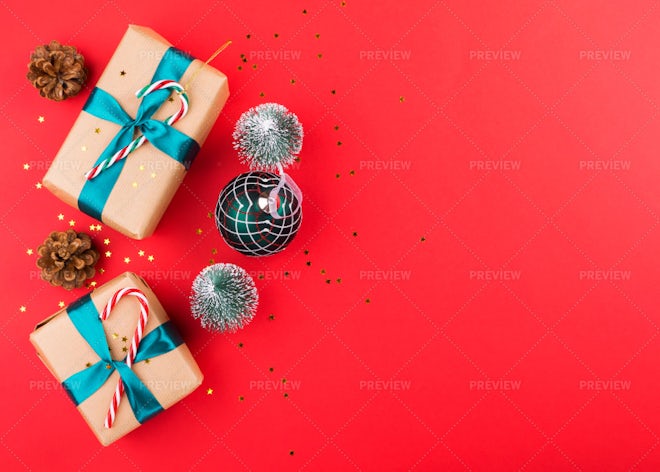 Merry Christmas! Aesthetic winter holidays, festive banner. Stylish  christmas gifts flat lay Stock Photo by Sonyachny