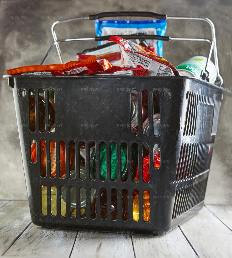 Supermarket Basket Filled With Products: Stock Photos