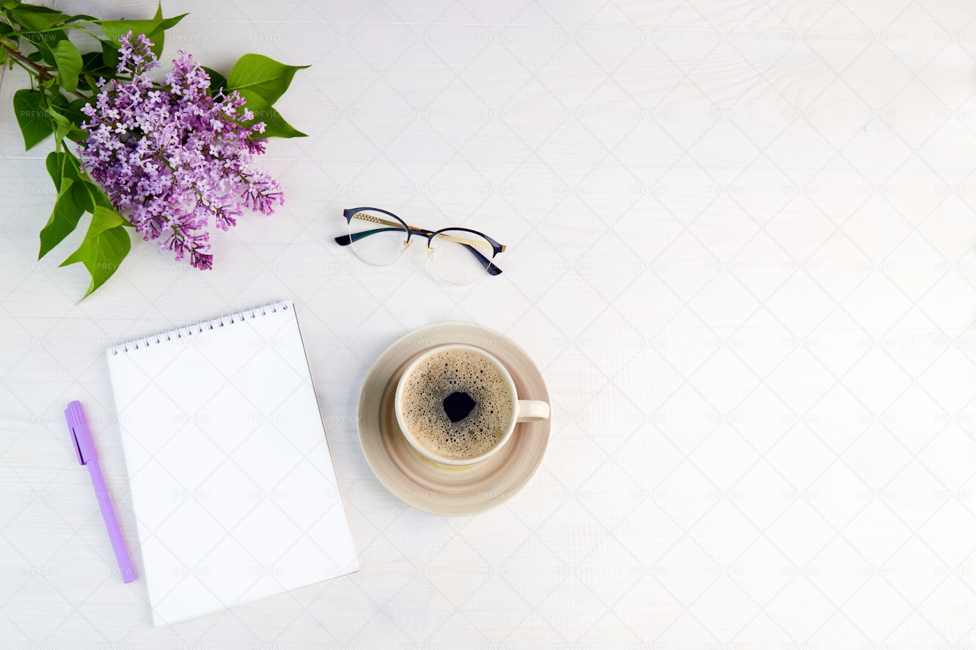 Lilac Branch, Coffee, Notebook: Stock Photos