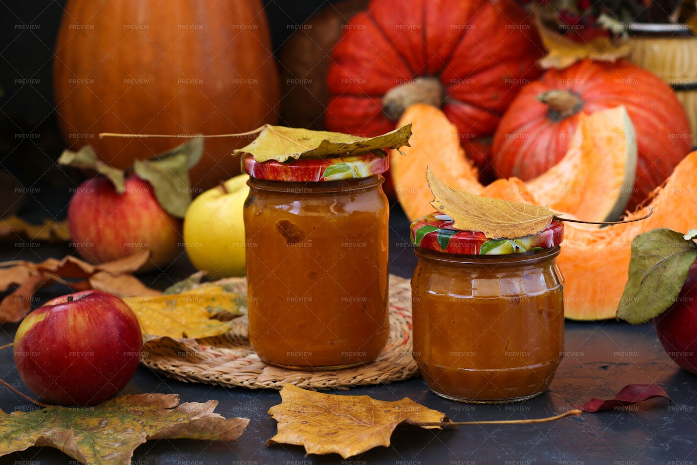 Homemade Puree Pumpkin And Apples: Stock Photos