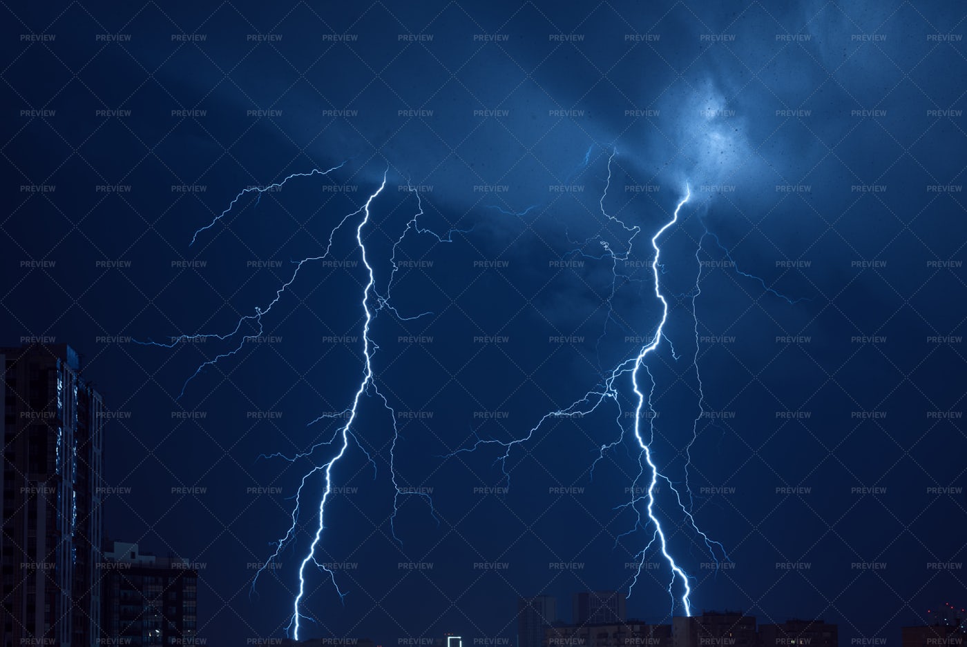 Lightning In Blue Night Sky: Stock Photos