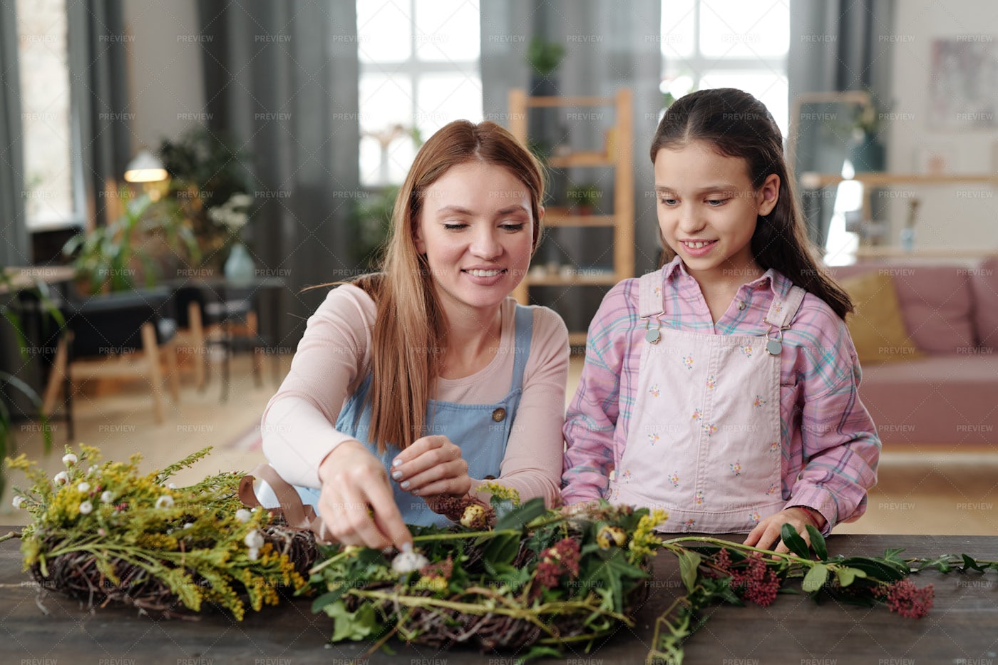 Family Making Wreath From Flowers: Stock Photos