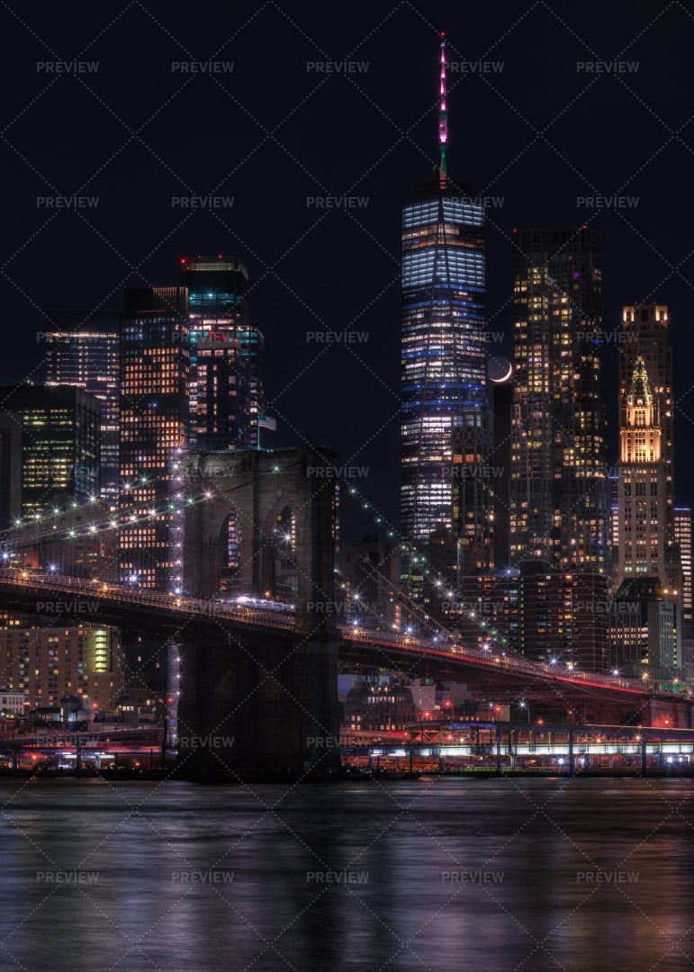 Financial District With Crescent Moon: Stock Photos