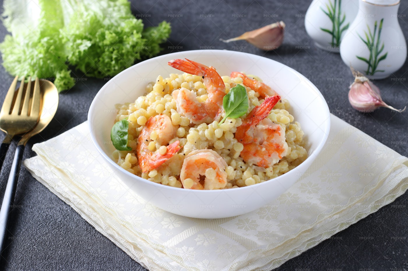 Homemade Pasta Ptitim With Shrimps: Stock Photos