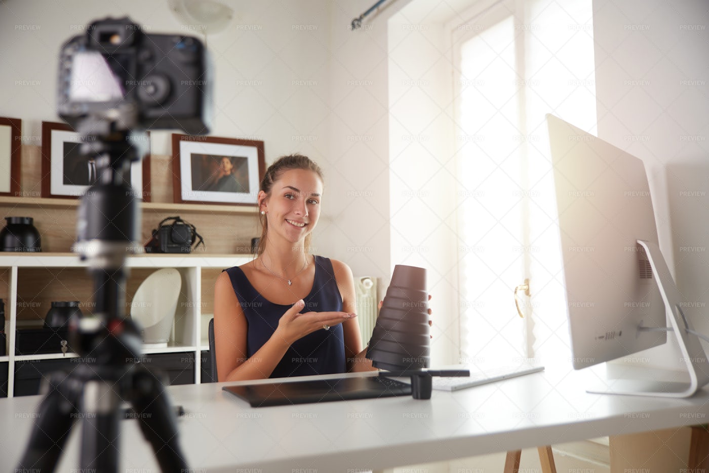 Woman Youtuber Record Vlog: Stock Photos