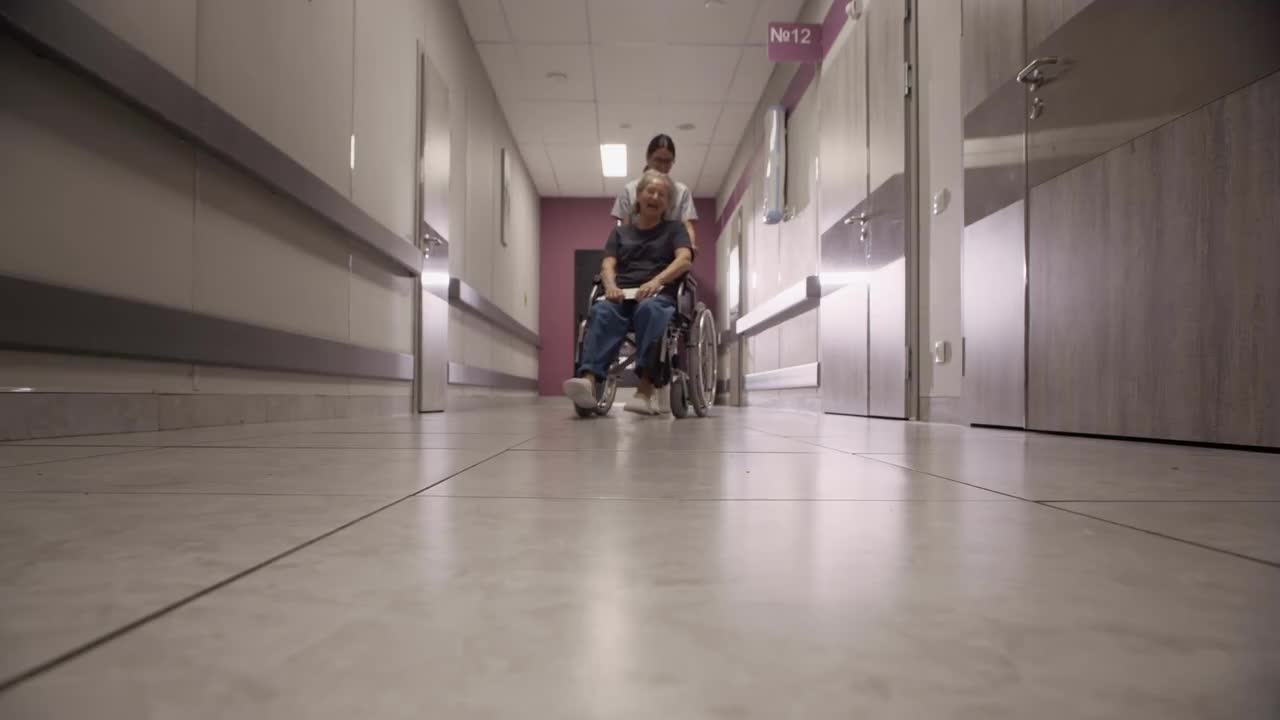 Senior Female Patient In Wheelchair Being Assisted By Female Nurse